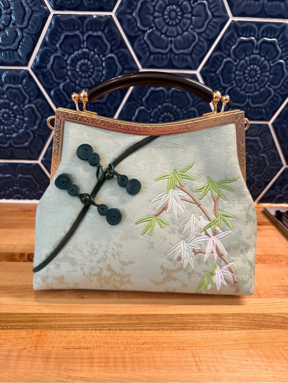 Embroidered Mint Green Chinese inspired Top-Handle clutch